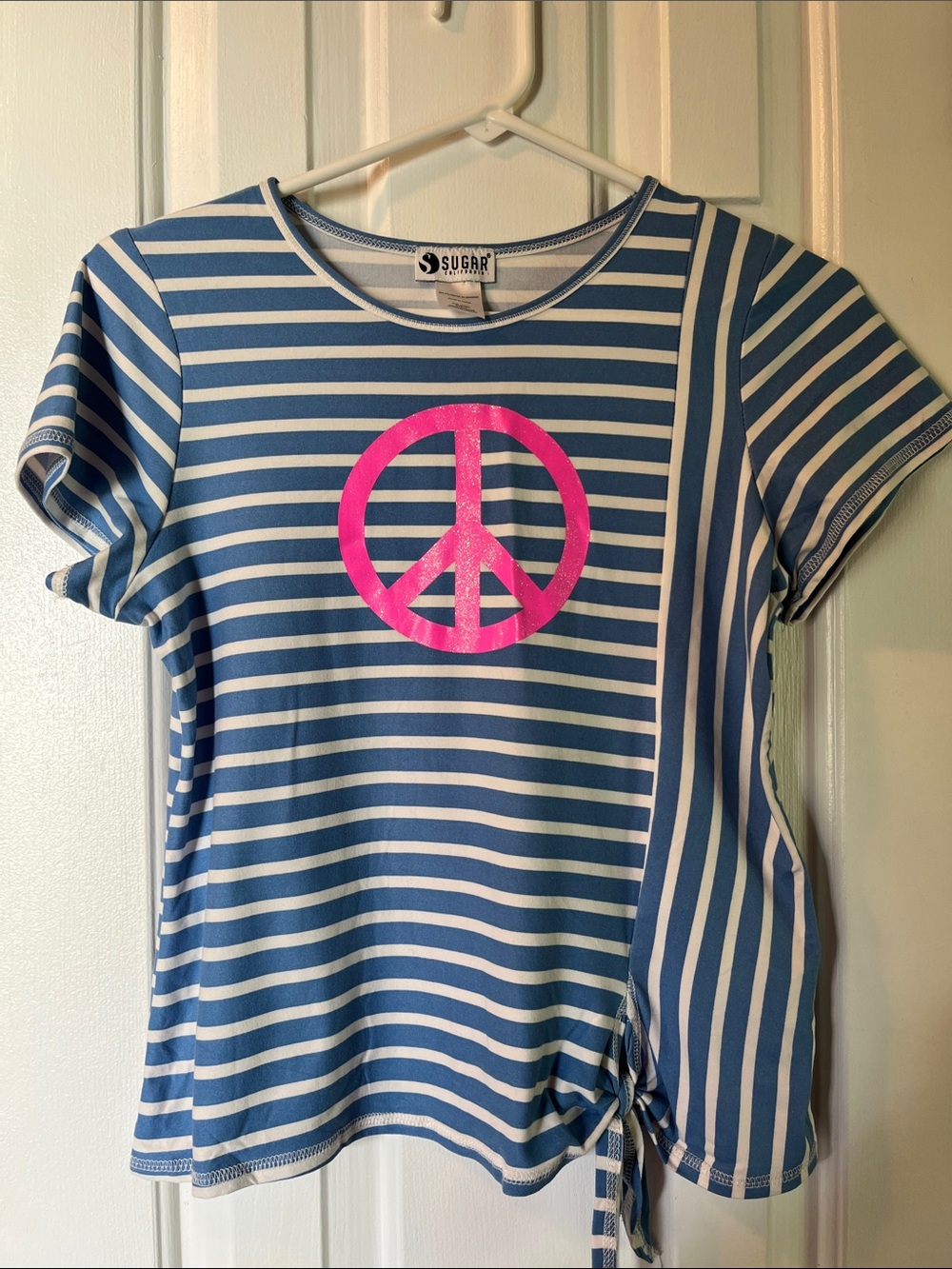 Sugar Striped Blue & White Tee with Hot Pink Peace Logo